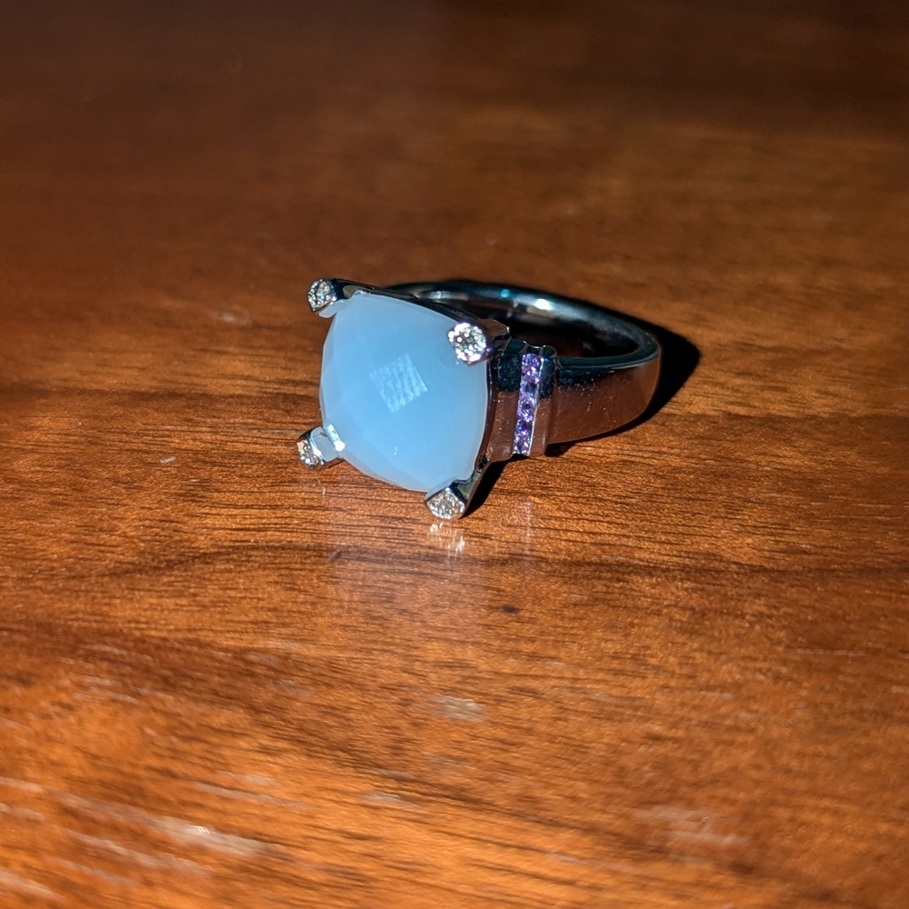 Blue Chalcedony & Amethyst Ring Sterling Silver